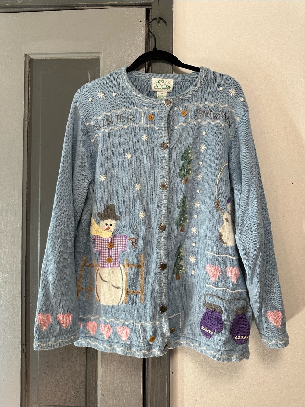 Vintage The Quacker Factory Winter Snowman Light Blue Women's Cardigan Sweater